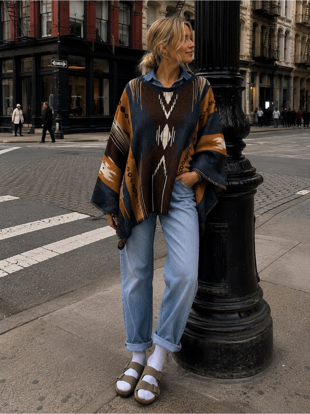 Navy and orange geometric-patterned poncho featuring a distinct Southwestern
